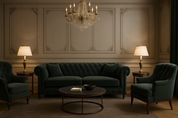 Poster - Luxurious Green Velvet Living Room with Elegant Chandelier Lighting