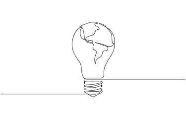 Aufkleber - Continuous line drawing of light bulb with Earth globe inside, Earth globe inside lightbulb in one continuous line drawing. Vector Concept of Eco innovation, simple doodle style. Editable stroke.