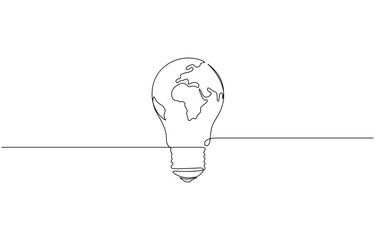 Aufkleber - Continuous line drawing of light bulb with Earth globe inside, Earth globe inside lightbulb in one continuous line drawing. Vector Concept of Eco innovation, simple doodle style. Editable stroke.