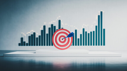 Poster - Target Achieved: A red target with a dart in the center sits on a white platform against a wall displaying upward trending bar graph, symbolizing success and goal achievement in business.