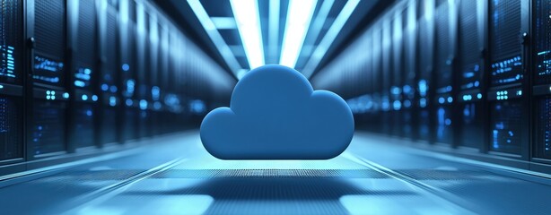Aufkleber - 3D cloud icon floating in a futuristic data center corridor with glowing blue lights and high-tech server racks, ideal for cloud computing, IT infrastructure, or cybersecurity visuals