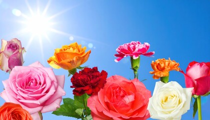 Wall Mural - Flowers rise to a bright, sunny sky. Variety of colors & petal types