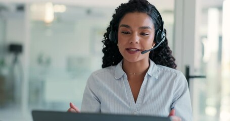 Aufkleber - Call center, talking and business woman with laptop for customer service or multilingual support. Contact us, computer and happy agent speaking with headset for language translation, help and crm