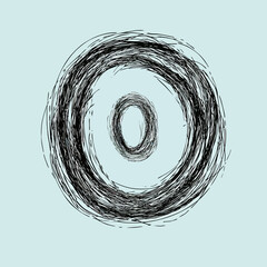 Poster - Hand drawn number zero with scribble circle design in black on light blue background minimalist sketch vector illustration for creative projects use