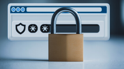 Poster - Website Security: A secure padlock is prominently displayed against a blurred browser interface, symbolizing online data protection and privacy.