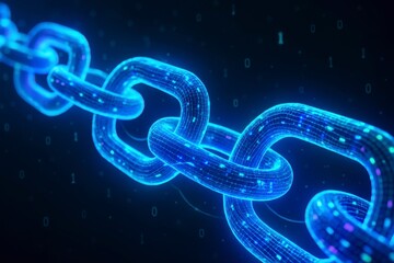 Poster - A glowing blue chain on a dark background with binary code floating by