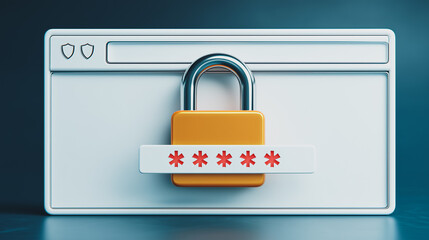 Poster - Online Security: A digital illustration of a web browser window with a closed padlock and a password field, symbolizing online security and data protection.