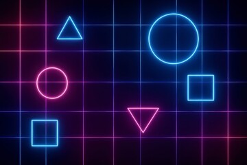 Poster - Neon geometric shapes on grid background in blue and pink color scheme