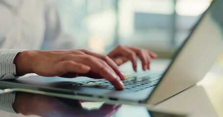 Aufkleber - Hands, typing and businessperson with laptop in office with research for online finance proposal. Keyboard, technology and financial manager with computer for email feedback on investment report.