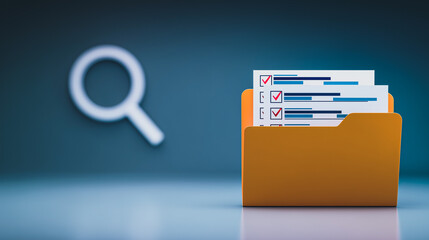 Poster - Digital Data Analysis: A visual representation of data analysis, featuring a magnifying glass over a file folder holding documents with checkmarks. Reflecting insights, research.