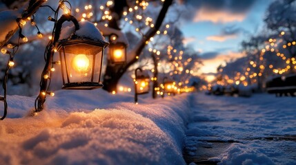 Aufkleber - Winter wonderland with glowing lanterns and pastel sunset tones, snow sparkling around the lights