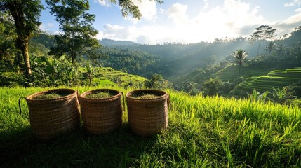 Poster - Warm morning light illuminating rice-filled baskets and rolling green terraces