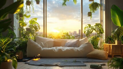 Poster - Warm-toned modern studio with sunset view, leafy plants, and cozy soft furniture