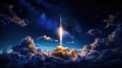 Aufkleber - Vibrant rocket ascending into a starry night sky, bright flames trailing as swirling clouds glow beneath the launch