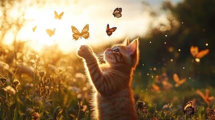 Poster - Sunset field with orange kitten reaching for butterflies in golden rays
