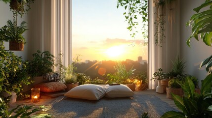 Poster - Stylish studio room with glowing sunset outside, indoor greenery, and minimalist cozy