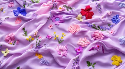 Poster - Soft pastel fabric swatches in lavender and pink with floral embroidery, ideal for textile design and home decor