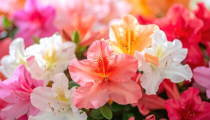 Wall Mural - Vivid Rhododendrons in bloom, a mix of peach, pink, white and red flowers fill frame in soft, natural light