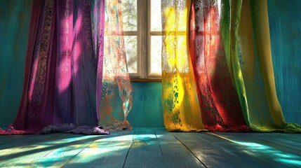 Aufkleber - Soft light filtering through colorful curtains with bold tones over a teal-colored interior floor