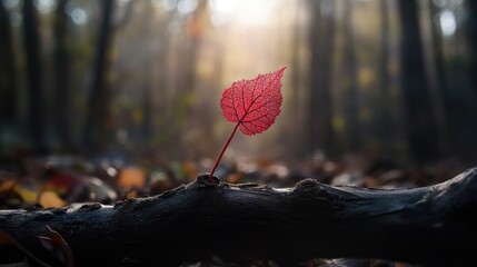 Poster - Single red lace leaf on small branch, close focus with blurred forest hues behind