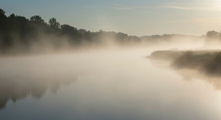  Serene dawn mist shrouds calm river, reflecting tranquil trees along banks