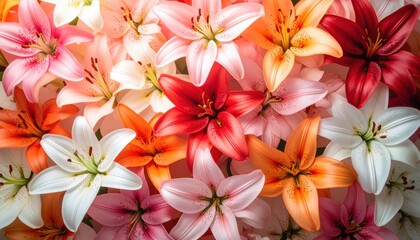 Wall Mural - Lilies A colorful bed of lilies. Blossoms in shades of pink, white, orange, and red are densely packed