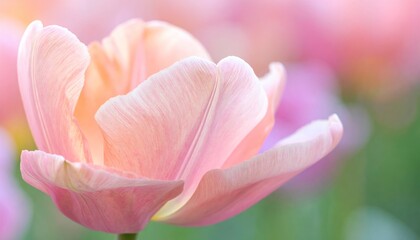 Wall Mural - Close-up of a delicate, pale pink tulip blossom, softly lit in a field of blurry pastel colors