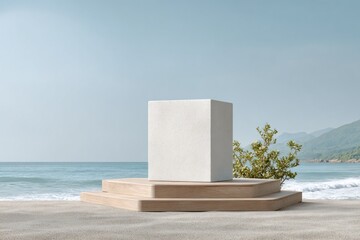 Poster - minimalistic photo of empty podium on tranquil seaside bathed in soft natural light