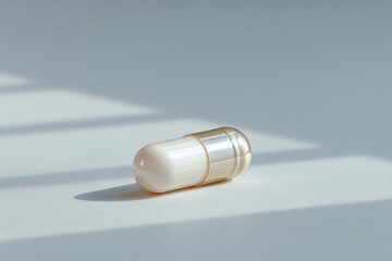 Poster - single pill resting on plain white surface bathed in soft light with ample copy space surrounding it