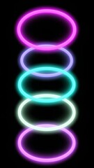 Poster - Neon magenta, cyan rings expanding rhythmically, pulsing outward across dark void, creating vibrant kinetic light display