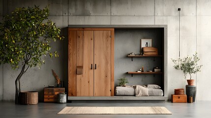 Poster - Cozy and modern minimalist home interior with natural wood elements plants and textured decor creating a serene and inviting atmosphere