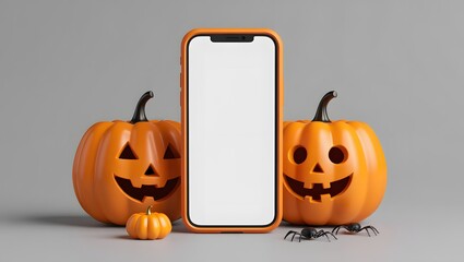 halloween smartphone mockup with carved pumpkins and spiders against a gray background