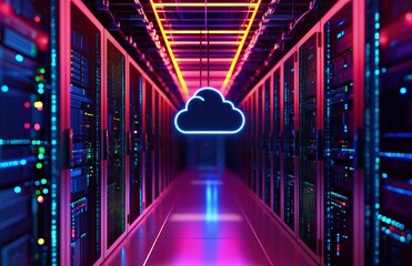 Aufkleber - Vibrant neon-lit server room with glowing blue cloud icon symbolizing cloud computing and digital infrastructure, perfect for modern data technology, hosting platforms, and virtual systems display