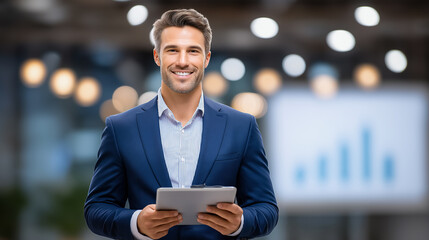 Poster - Businessman looks at camera while holding tablet and smiling in contemporary office space. Brightly lit with blurred light accents and analytics board