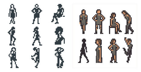 Poster - Silhouette icons set – pixel art style, female outlines, artistic symbols