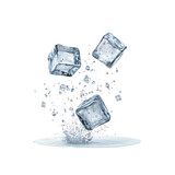 Crystal Clear Ice Cubes Falling and Splashing on a Surface