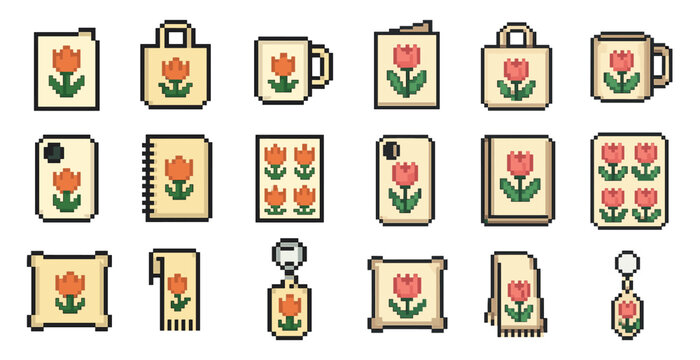 Floral decor pixel art icons set – 3d, outline, flower and spring graphics