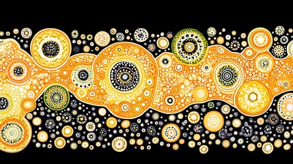 Poster - Complex arrangement of warm color circular shapes on a black background