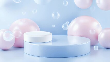 Poster - Pastel Blue Podium with Pink Spheres and Bubbles a 3D Render Geometric Still Life Product Display with Copy Space For Advertising and Commercial Use