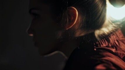 Poster - Dramatic lighting illuminates a woman's face as she poses in a studio, showcasing different angles and expressions in a six panel composition