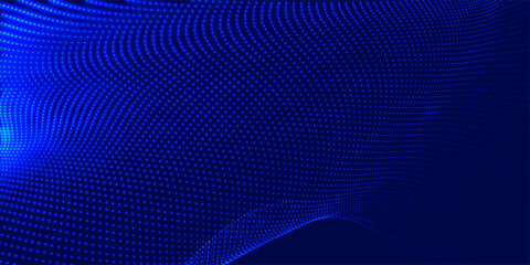 Fototapete - Futuristic dot wave. Abstract digital particle wave. Technology background. Colored musical wave. Dark background. Digital background with smooth, wavy curves. 3D rendering.