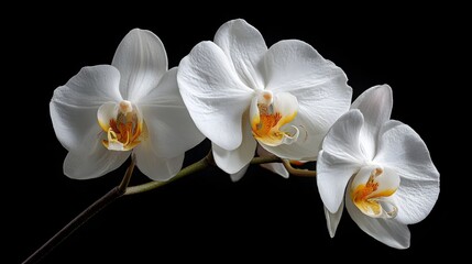 Aufkleber - Captivating close up of delicate white orchid flowers with soft curved petals set against a serene black backdrop