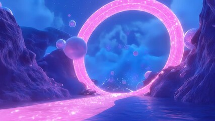 Poster - Digital Art of a Glowing Pink Ring Portal with Spheres and Pixelated Rocks in a Dreamlike Blue and Purple Landscape with Clouds