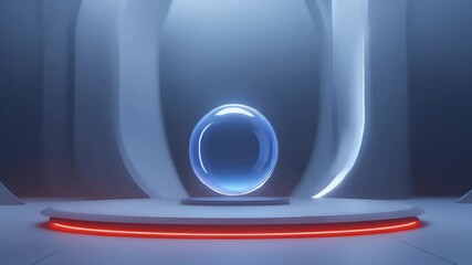Poster - Glowing Sphere on Red Light Ring in Futuristic Gray Room Abstract Geometric Design Minimalist Presentation Background for Modern Technology Illustration