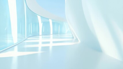 Poster - clean futuristic corridor with white walls and blue accents with smooth shiny floors illuminated by 