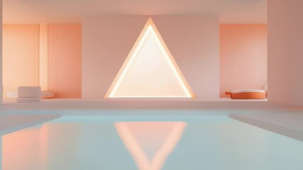 Poster - Minimalist Interior With Triangle Light Reflection on Water Surface In Abstract Geometric Design and Clean Modern Architectural Style in Pale Peach and White Palette