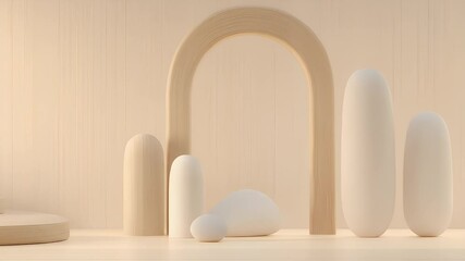 Poster - Beige Abstract Still Life Background with Wooden Podium Platform Display and Geometric Shapes in Neutral Contemporary Design 3D Render