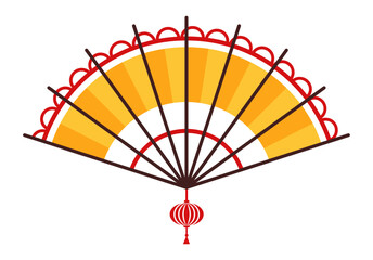 Poster - Golden and red hand fan with traditional chinese ornaments hanging, representing culture, art and decoration, isolated on a white background