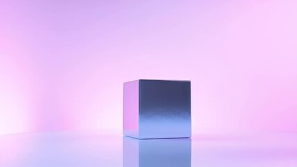 Poster - Abstract Metallic Cube in Soft Pastel Gradient Background Minimal Geometric Shape Modern Design Rendered in 3D Illuminating Shiny Surface