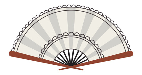 Poster - Hand fan with wooden sticks at the bottom and gray and white leaf radiating from center, creating a beautiful semicircle with a scalloped edge
